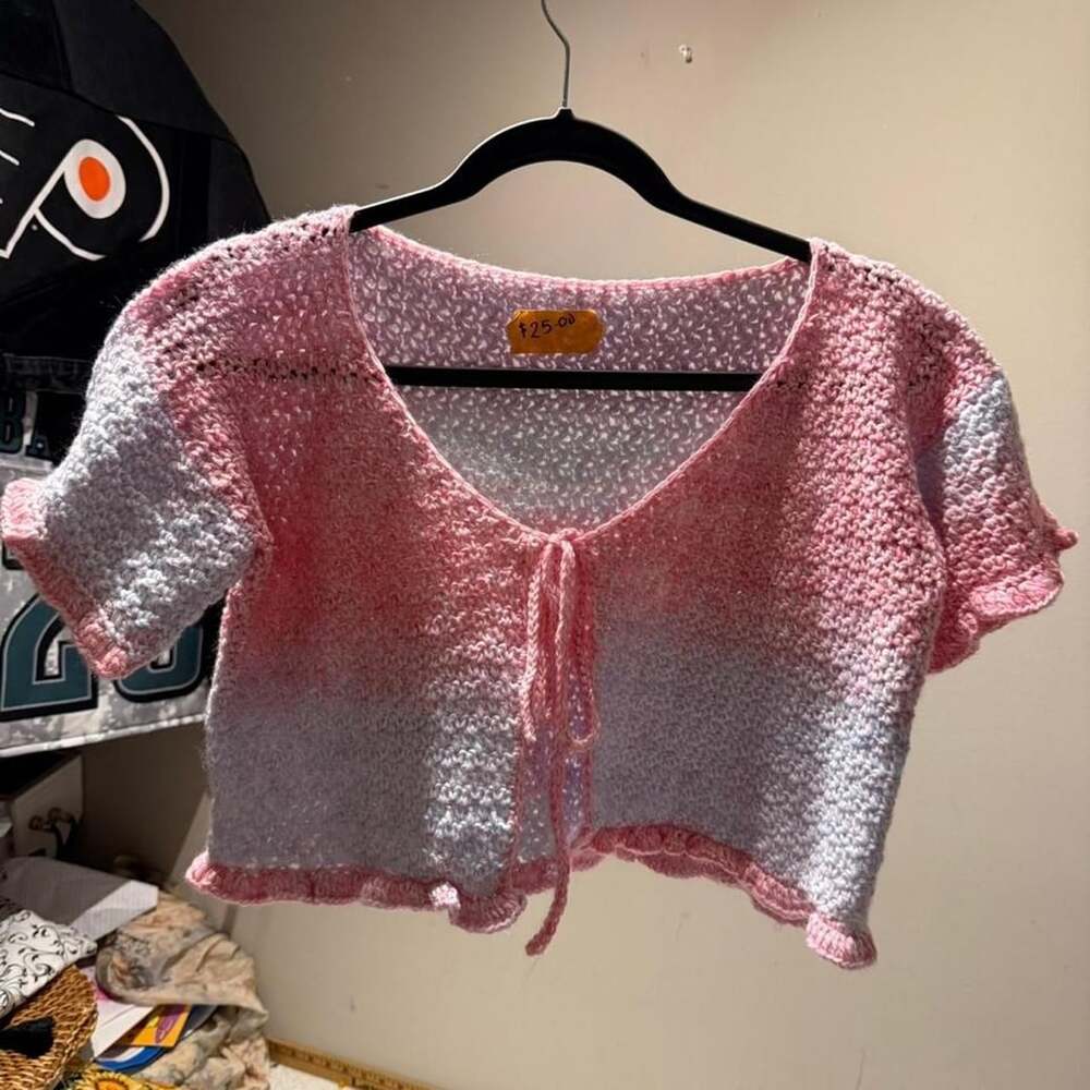 Handmade Pink and Blue Crochet Tie Front Ruffle Crop Top